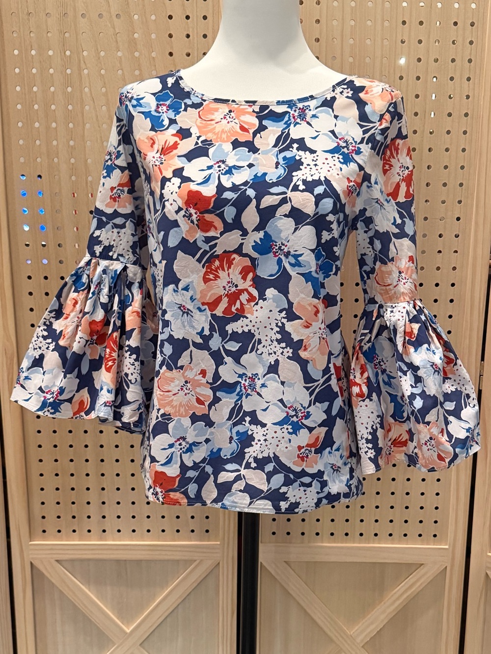 Jane and Delancey Navy Floral Bell-Sleeve Top with Coral Accents
